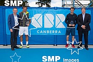 Shane Rattenbury (ACT Minister for Sport and Recreation), Ivan Dodig (CRO) [5] (left), Paolo Lorenzi (ITA) [1] and Ross Triffitt (Tournament Director) (right) 